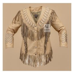Women’s Western Beige Leather Jacket With Fringes & Bones WWLJ1