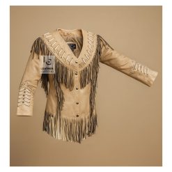 Women’s Western Beige Leather Jacket With Fringes & Bones WWLJ1