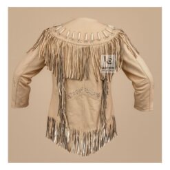 Women’s Western Beige Leather Jacket With Fringes & Bones WWLJ1