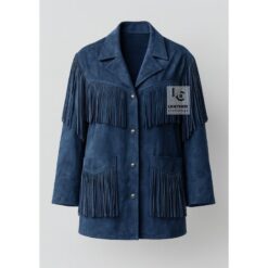 Veste femme en daim bleu à franges – Style western cowgirl chic en cuir par Leather Clothings