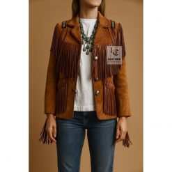 Ladies Brown Fringe Suede Jacket – Classic Western Cowgirl Style Leather Coat with Beaded Shoulder Design