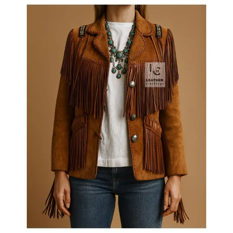 Women’s cognac suede concho fringe western jacket with decorative back and sleeve accents