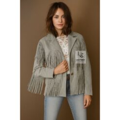 Ladies Western Fringe Jacket in Gray Suede – Classic Cowgirl Outfit with Long Tassels and Front Buttons