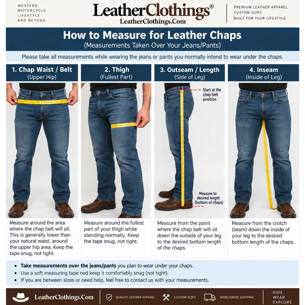 How to measure for leather chaps over jeans – waist, thigh, outseam and inseam measurement guide