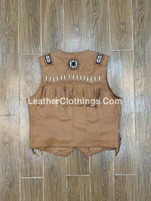 Cowboy Brown Leather Western Vest American Indian Vest With Fringes Beads Bones LUV9