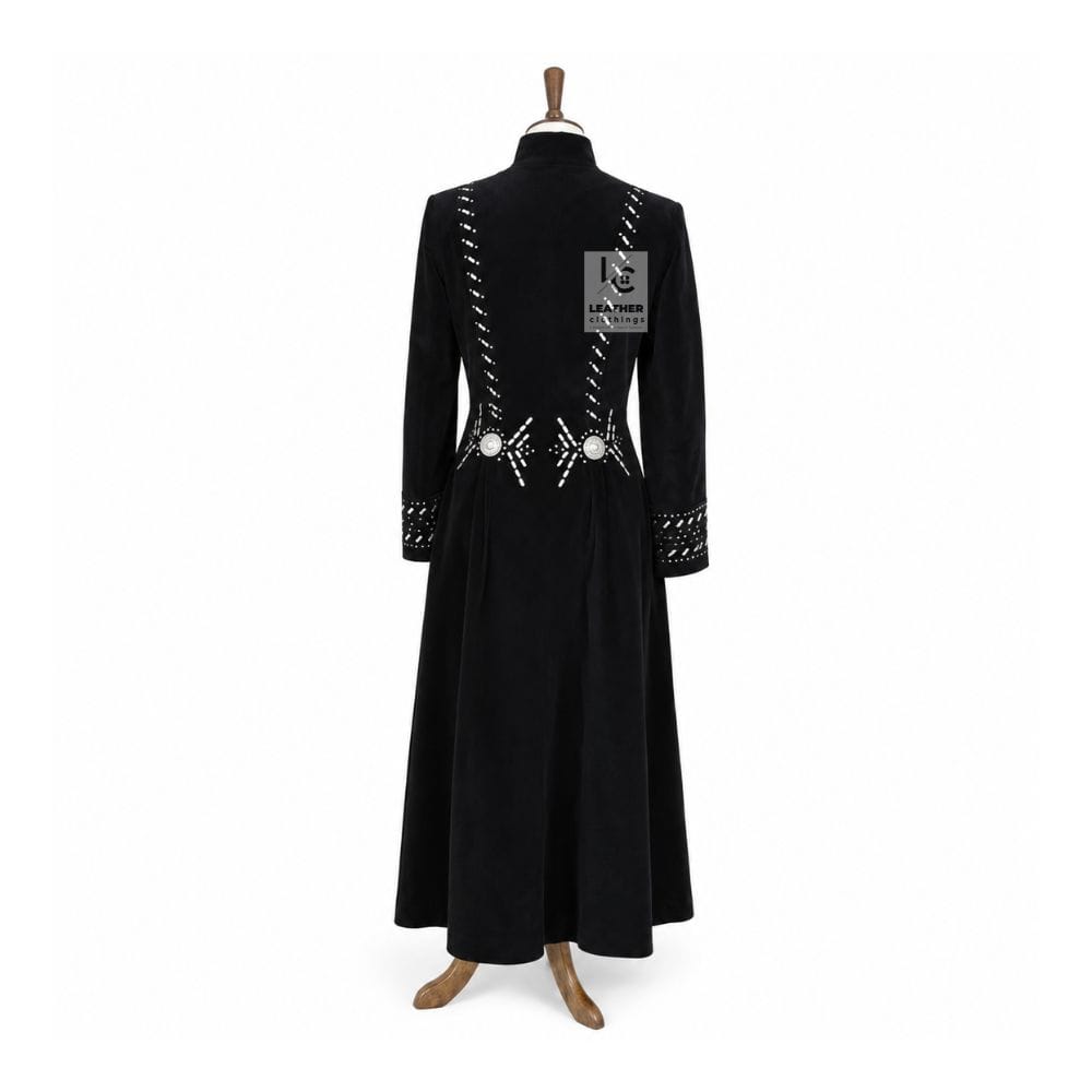 Men’s Black Suede Western Long Coat with Decorative Bone-Style Accents - Image 2