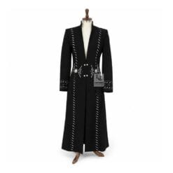 Men’s black suede western long coat with decorative bone-style accents front view