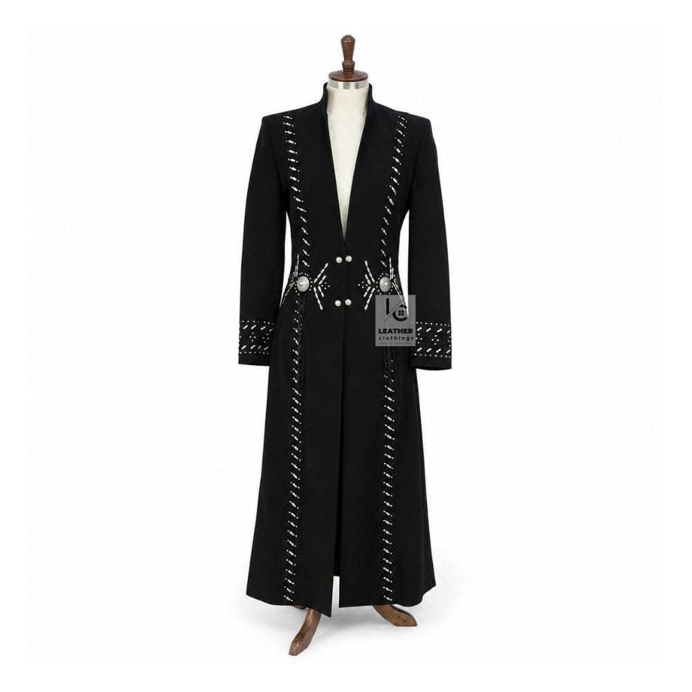 Men’s black suede western long coat with decorative bone-style accents front view