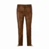 Men's brown cowhide leather lace-up pants with front lace closure and adjustable ankle laces