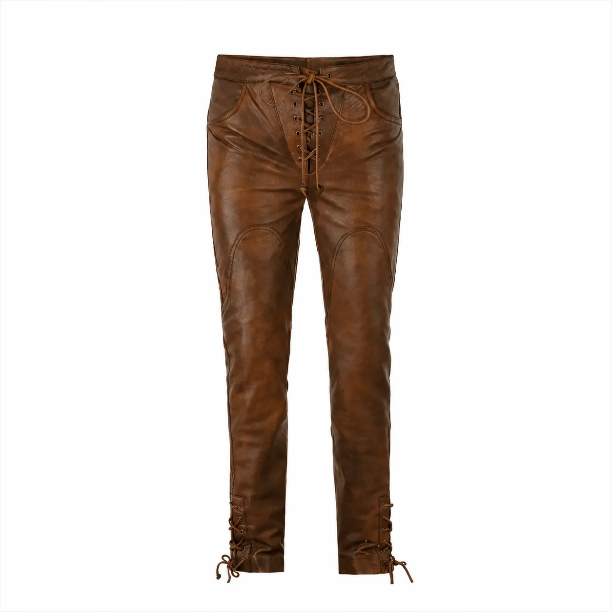 Men's brown cowhide leather lace-up pants with front lace closure and adjustable ankle laces