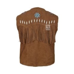 Men's Brown Suede Fringe Vest with Turquoise Beaded Medallions crafted from genuine suede leather backside