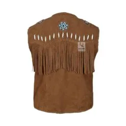 Men's Brown Suede Fringe Vest with Turquoise Beaded Medallions crafted from genuine suede leather backside