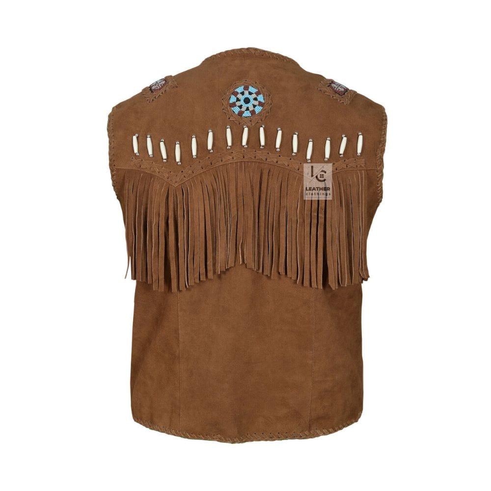 Men's Brown Suede Fringe Vest with Turquoise Beaded Medallions crafted from genuine suede leather backside