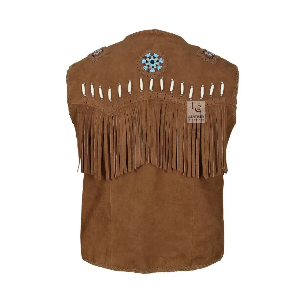 Men's Brown Suede Fringe Vest with Turquoise Beaded Medallions crafted from genuine suede leather backside