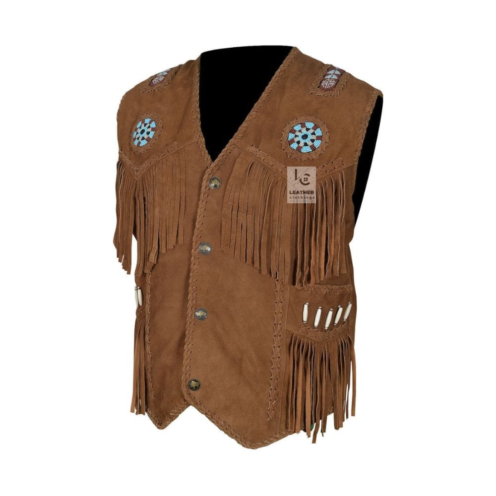Men's Brown Suede Fringe Vest with Turquoise Beaded Medallions crafted from genuine suede leather