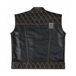 Men's Diamond Quilted Leather Motorcycle Vest with Cognac Stitching front and back views