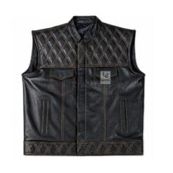 Men's Diamond Quilted Leather Motorcycle Vest with Cognac Stitching front and Front views