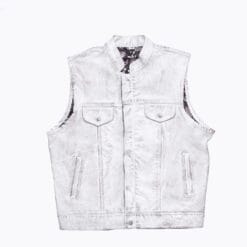 Men’s white leather biker vest with paisley lining and four front pockets