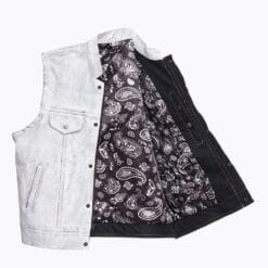 Men’s white leather biker vest with paisley lining and four front pockets