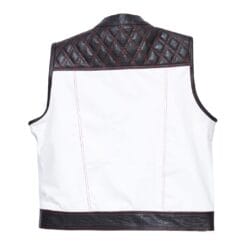 White cowhide leather biker vest for men with black quilted shoulders and red paisley lining