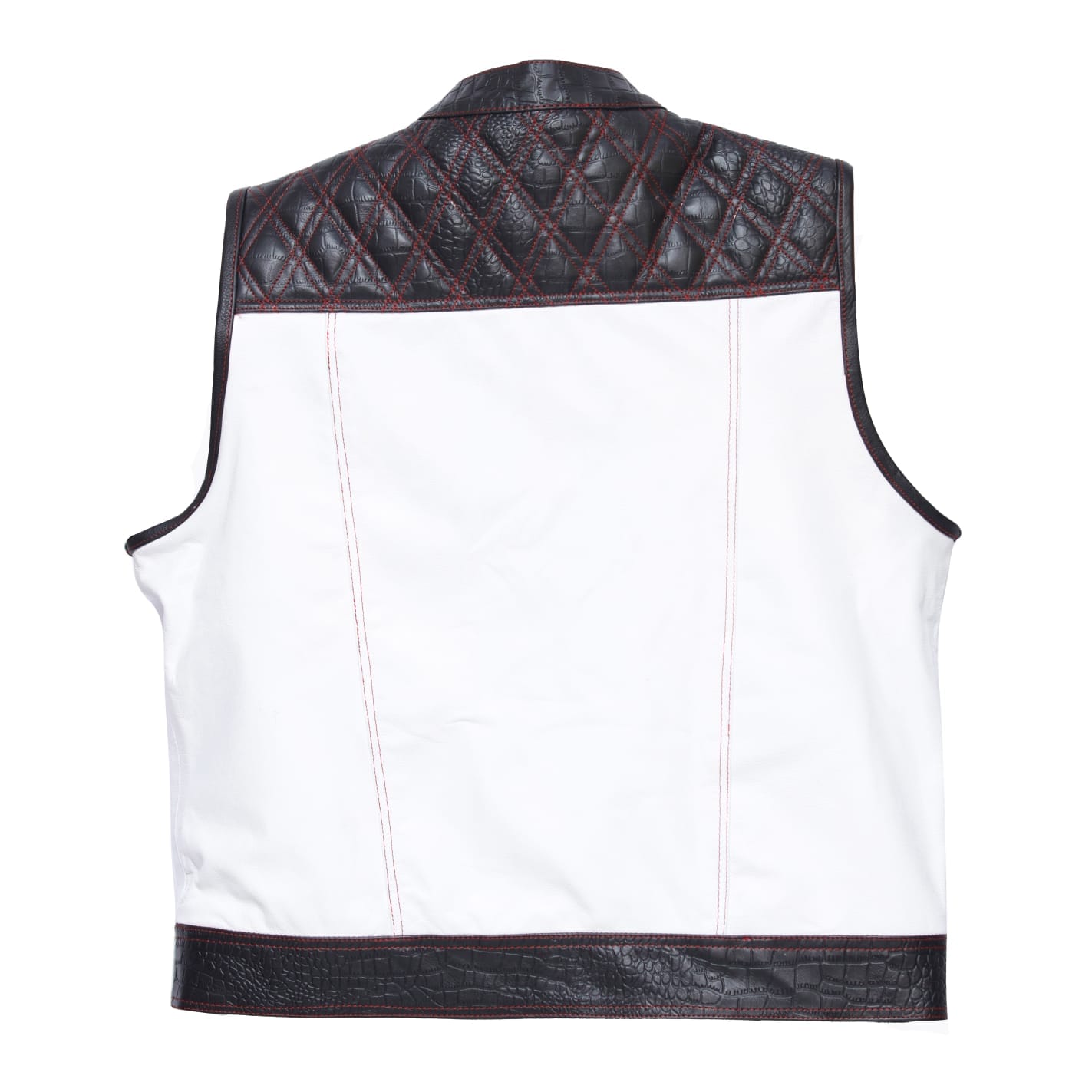 White cowhide leather biker vest for men with black quilted shoulders and red paisley lining