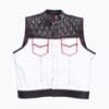 White cowhide leather biker vest for men with black quilted shoulders and red paisley lining