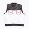 White cowhide leather biker vest for men with black quilted shoulders and red paisley lining