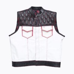 White cowhide leather biker vest for men with black quilted shoulders and red paisley lining