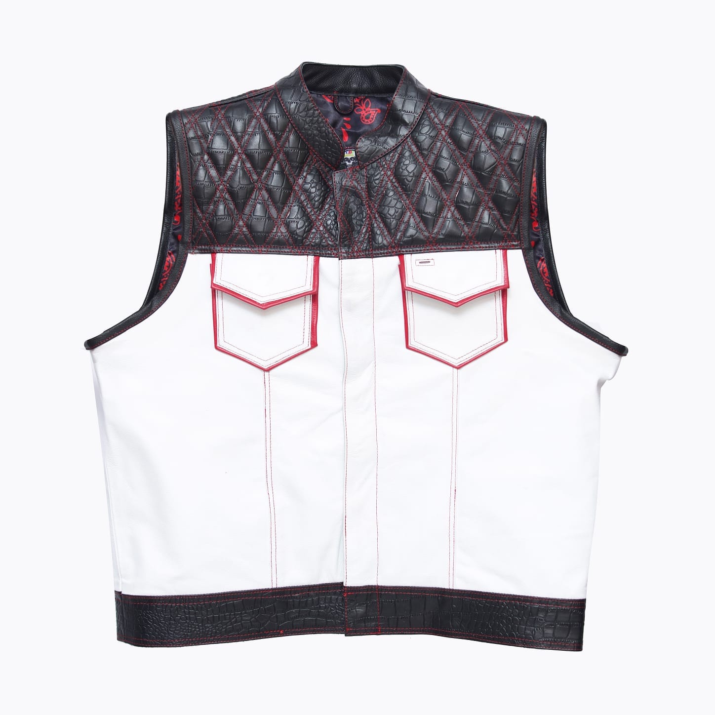 White cowhide leather biker vest for men with black quilted shoulders and red paisley lining