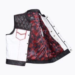 White cowhide leather biker vest for men with black quilted shoulders and red paisley lining