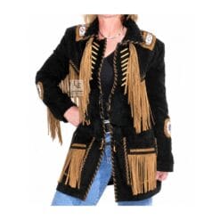 Women’s black suede tan fringe beaded western jacket with braided leather trim