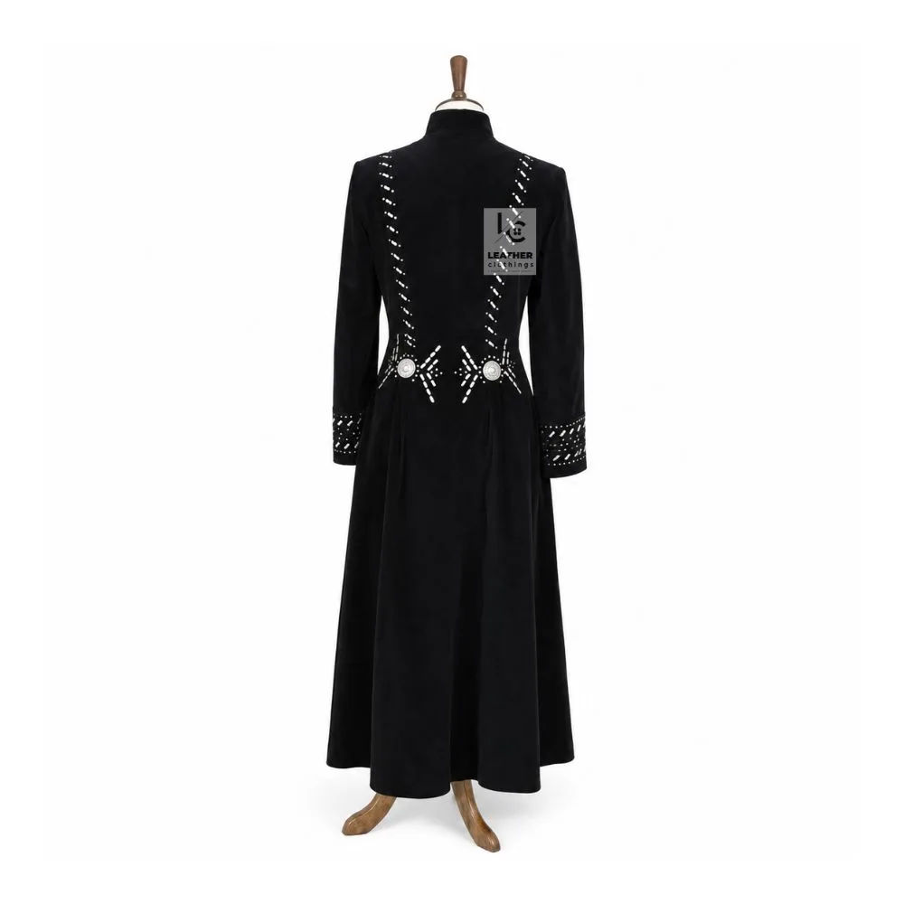 Back view of women’s black suede western long coat with decorative waist details