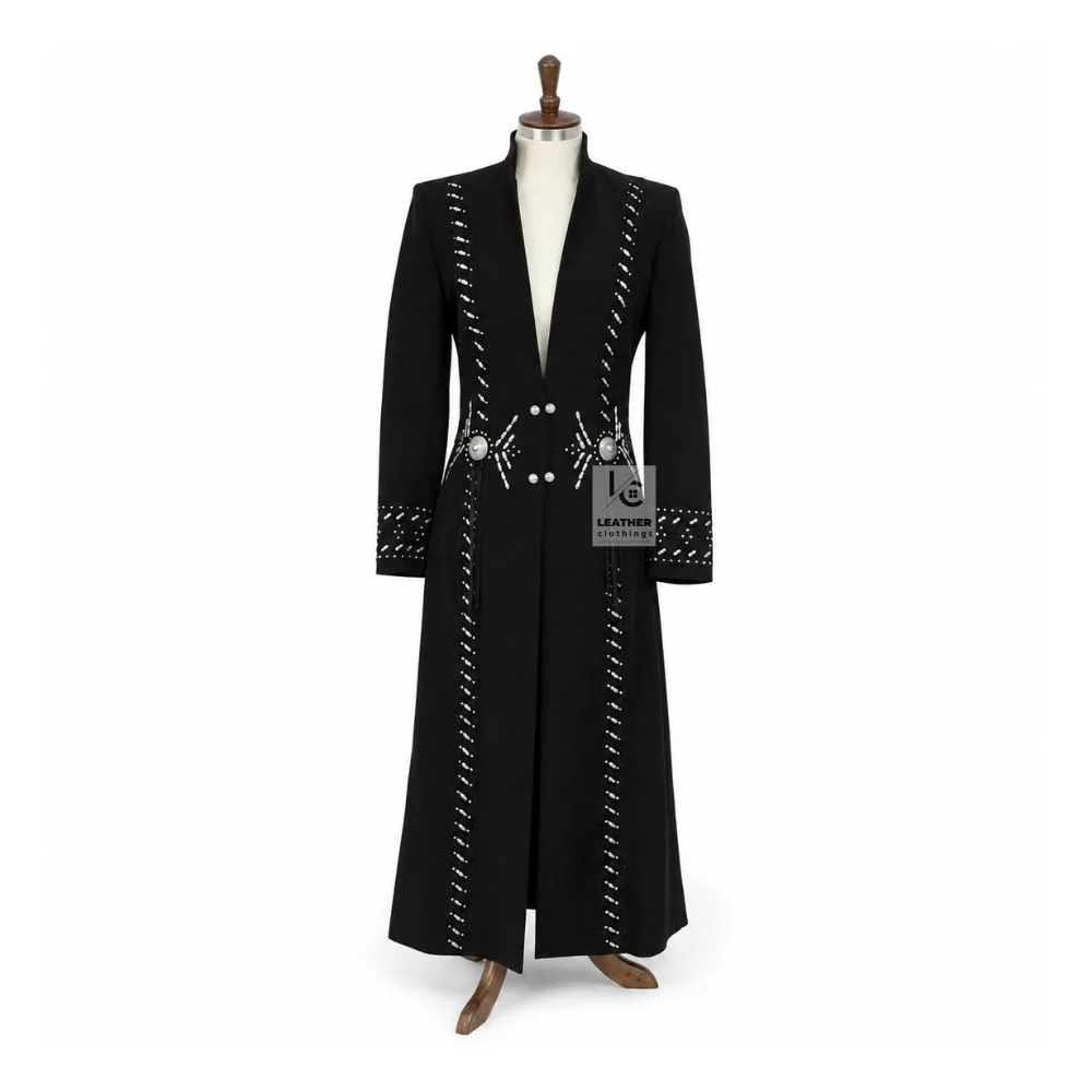 Women’s black suede western long coat with decorative stud and concho-style details