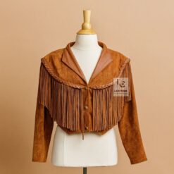 Women’s Brown Suede Fringe Cropped Jacket – Western Cowgirl Short Leather Coat with Braided Trim by Leather Clothings