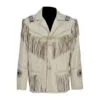 Men’s ivory fringe leather jacket with beaded medallions and Western detailing