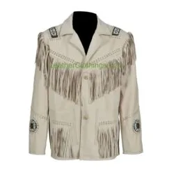 Men’s ivory fringe leather jacket with beaded medallions and Western detailing