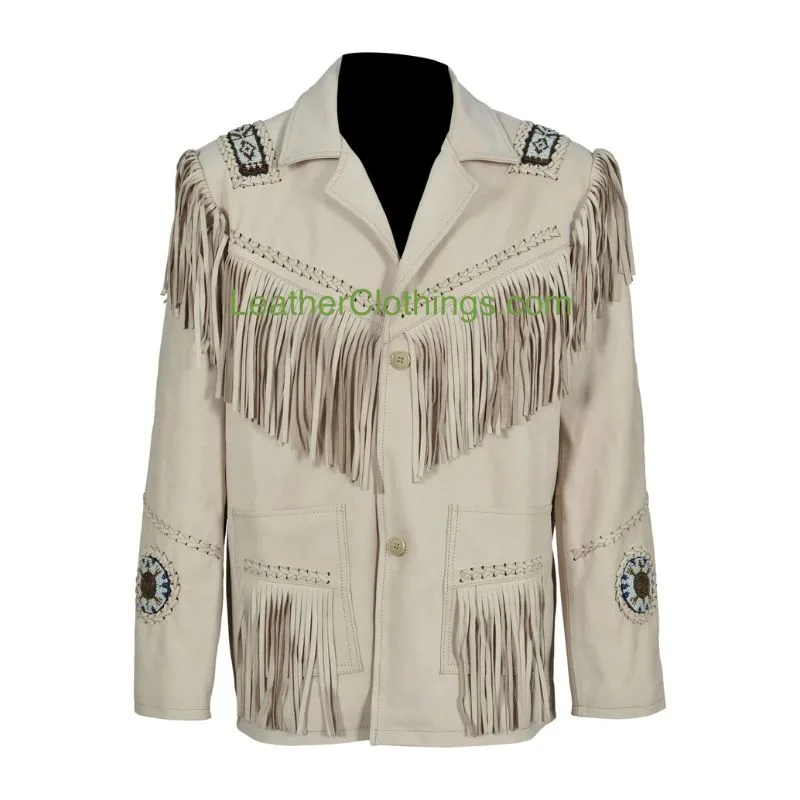 Men’s ivory fringe leather jacket with beaded medallions and Western detailing