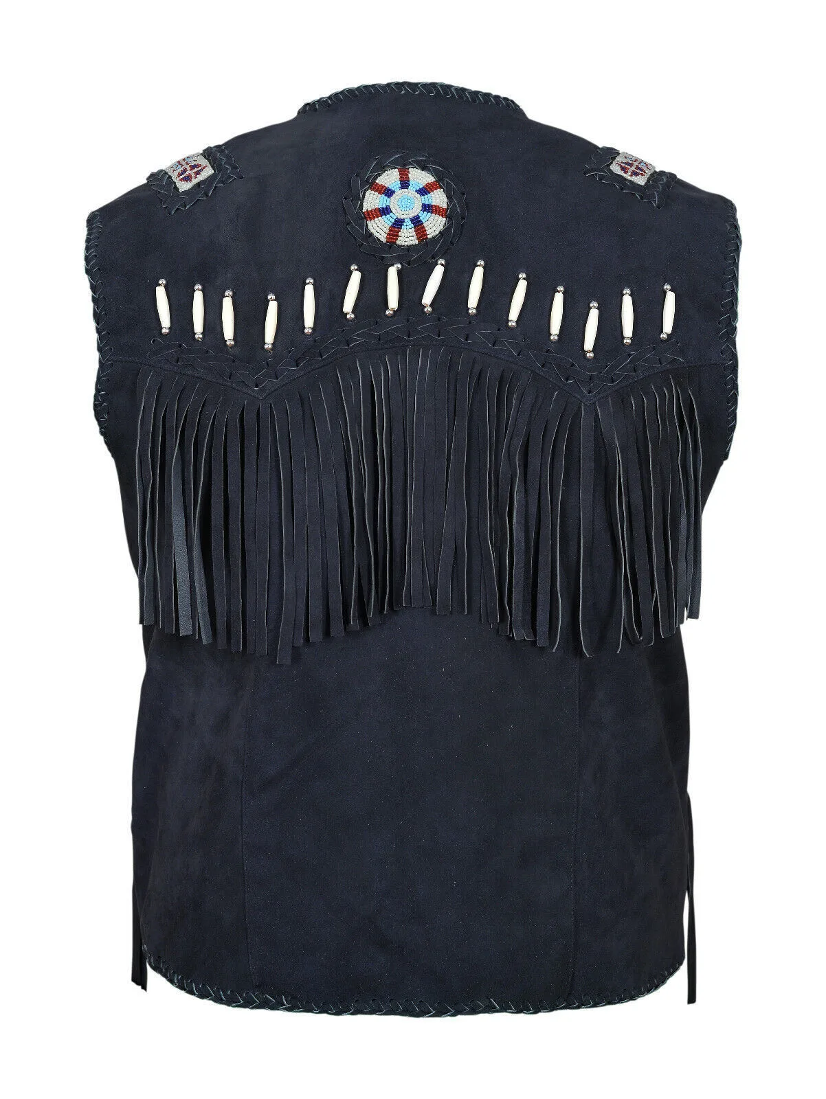 Authentic Style-Cowboy Black Suede Western Vest with Fringes, Beads, and Bones