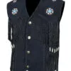 Men's Black Fringe Suede Leather Vest with Beaded Medallions handcrafted from genuine suede leather