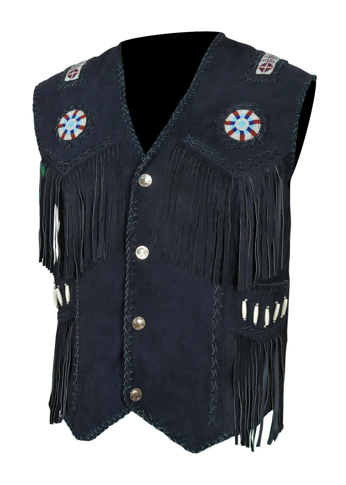 Authentic Style-Cowboy Black Suede Western Vest with Fringes, Beads, and Bones