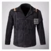 Men's black cowhide suede fringe jacket with braided yoke detailing and embroidered shoulder accent tabs