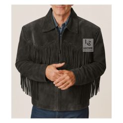 Men’s black genuine leather western fringe jacket with cowboy styling