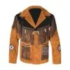 Men's saddle tan cowhide suede fringe jacket with dark brown yokes, braided trim, and concho-style medallions