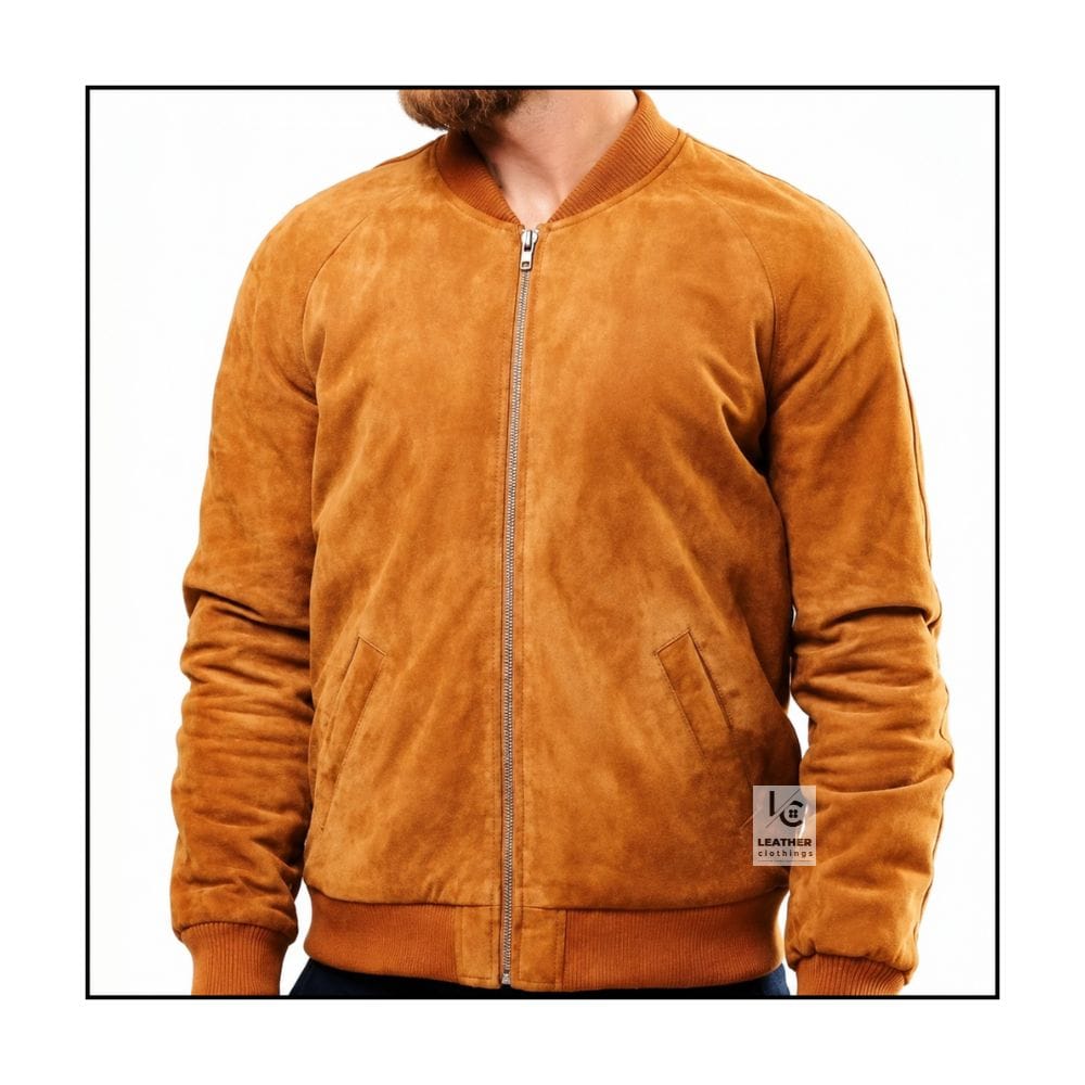 Brown suede bomber jacket for men front view