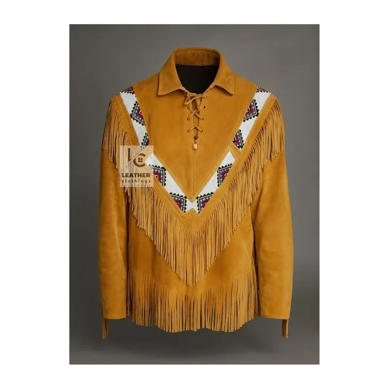 Men's golden suede beaded fringe western shirt with chevron yoke and lace-up front