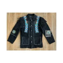 Men’s black suede fringe jacket with eagle-inspired beaded panels and shoulder fringe