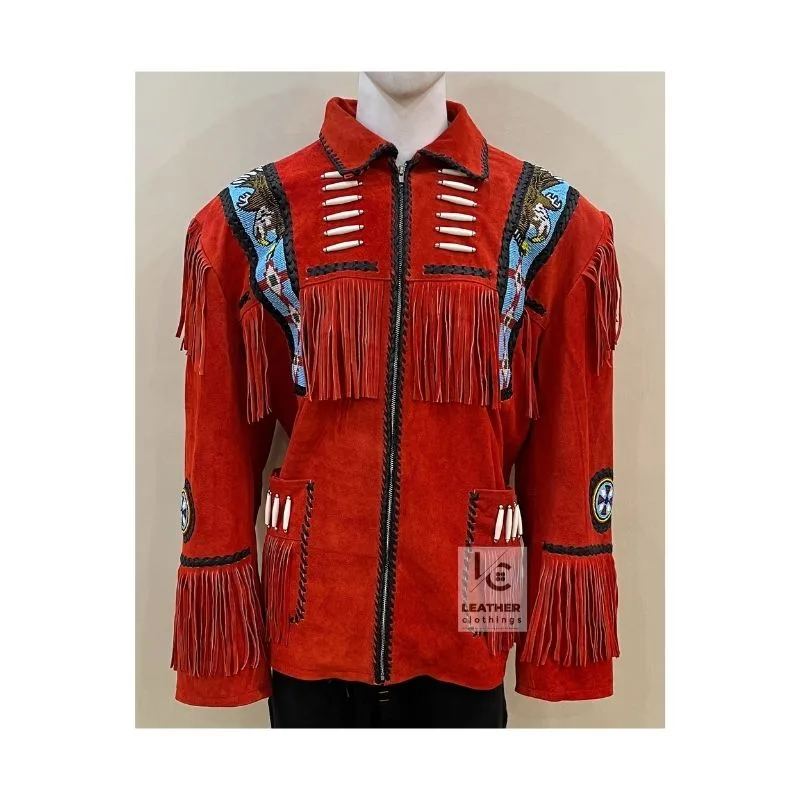 Men's cowboy style red suede eagle beaded fringe jacket with decorative bone accents