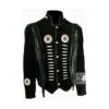 Men's black cowhide suede frontier fringe jacket with bone-style chest accents, braided trim and embroidered medallion patches