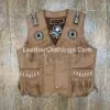 Men's Tan Leather Fringe Vest with Beaded Medallions crafted from genuine leather