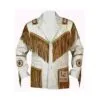 Men’s white leather fringe jacket with brown fringe and beaded medallions